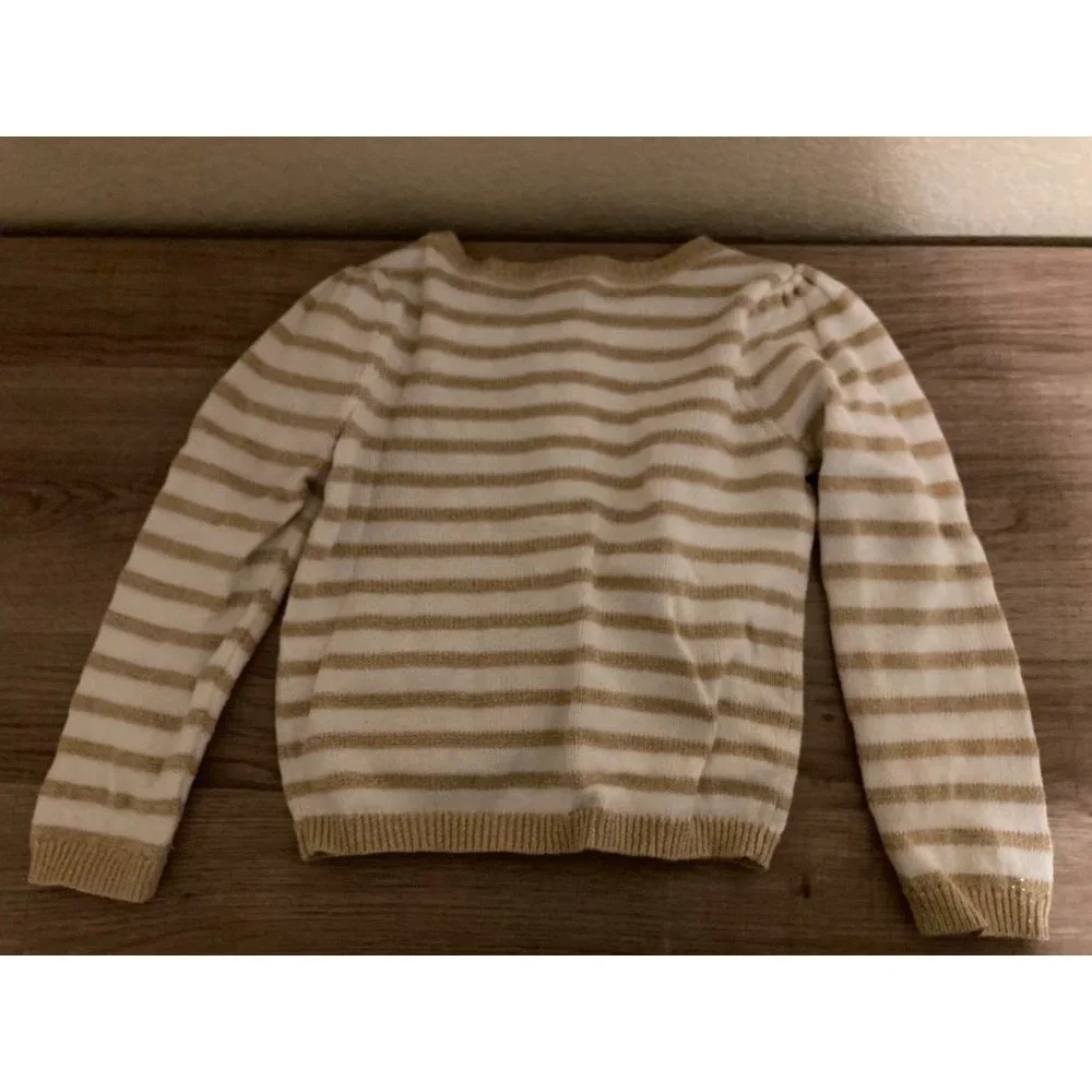 Gymboree Sparkly Gold and White Striped Cardigan Sweater 2T Bow Pockets Cotton